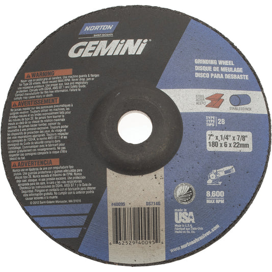 Norton 66252940095 Depressed Center Wheel Type 28, 7" Dia, Aluminum Oxide