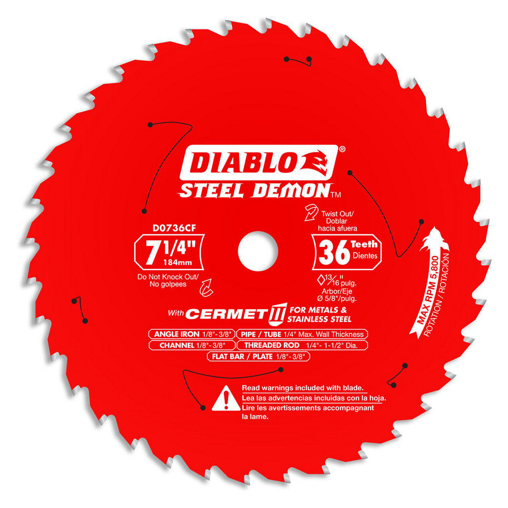 DIABLO D0736CF Wet & Dry-Cut Saw Blades Blade Diameter (Inch) 7-1/4  Blade Material Carbide-Tipped  Blade Thickness (Decimal Inch) 0.0750  Arbor Hole Diameter (Inch) 5/8  Number of Teeth 36