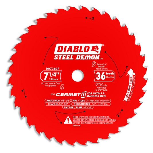 DIABLO D0736CF Wet & Dry-Cut Saw Blades Blade Diameter (Inch) 7-1/4  Blade Material Carbide-Tipped  Blade Thickness (Decimal Inch) 0.0750  Arbor Hole Diameter (Inch) 5/8  Number of Teeth 36