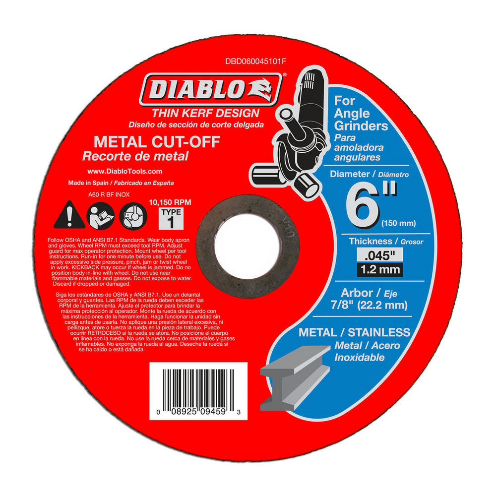 DIABLO DBD060045101F Cutoff Wheel Type 1 (01/41), 6" Dia, 0.0450" Thick, 7/8" Hole, Aluminum Oxide