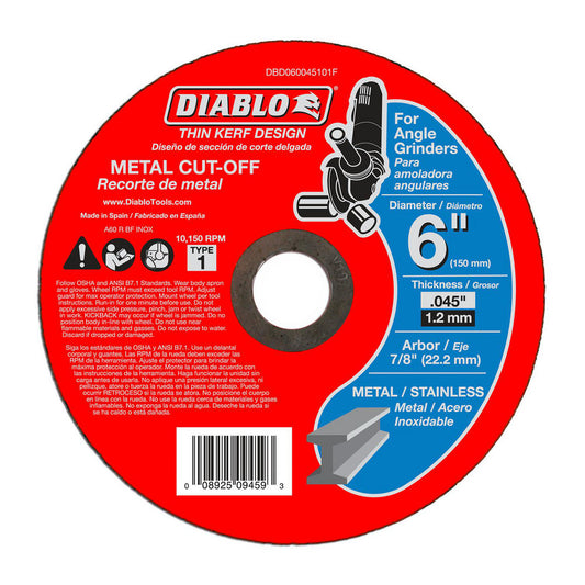 DIABLO DBD060045101F Cutoff Wheel Type 1 (01/41), 6" Dia, 0.0450" Thick, 7/8" Hole, Aluminum Oxide