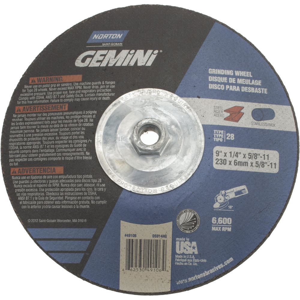 Norton 66253049106 Depressed Center Wheel Type 28, 9" Dia, Aluminum Oxide