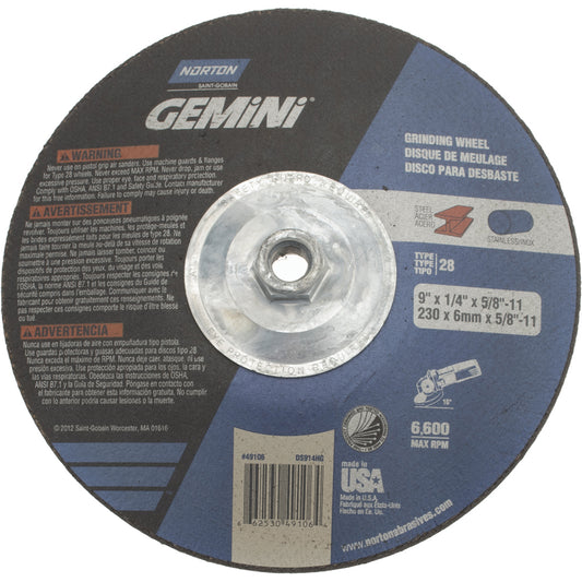 Norton 66253049106 Depressed Center Wheel Type 28, 9" Dia, Aluminum Oxide