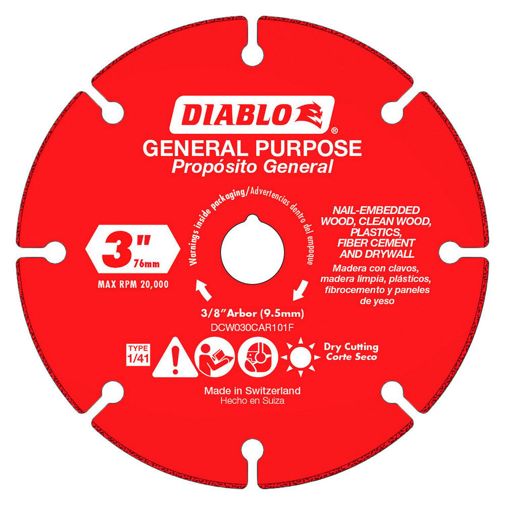 DIABLO DCW030CAR101F Cutoff Wheel Type 1 (01/41), 3" Dia, 0.0709" Thick, 3/8" Hole, Carbide Grit