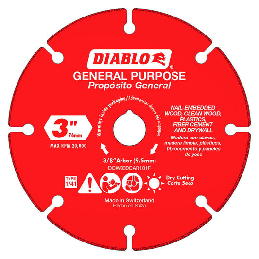 DIABLO DCW030CAR101F Cutoff Wheel Type 1 (01/41), 3" Dia, 0.0709" Thick, 3/8" Hole, Carbide Grit