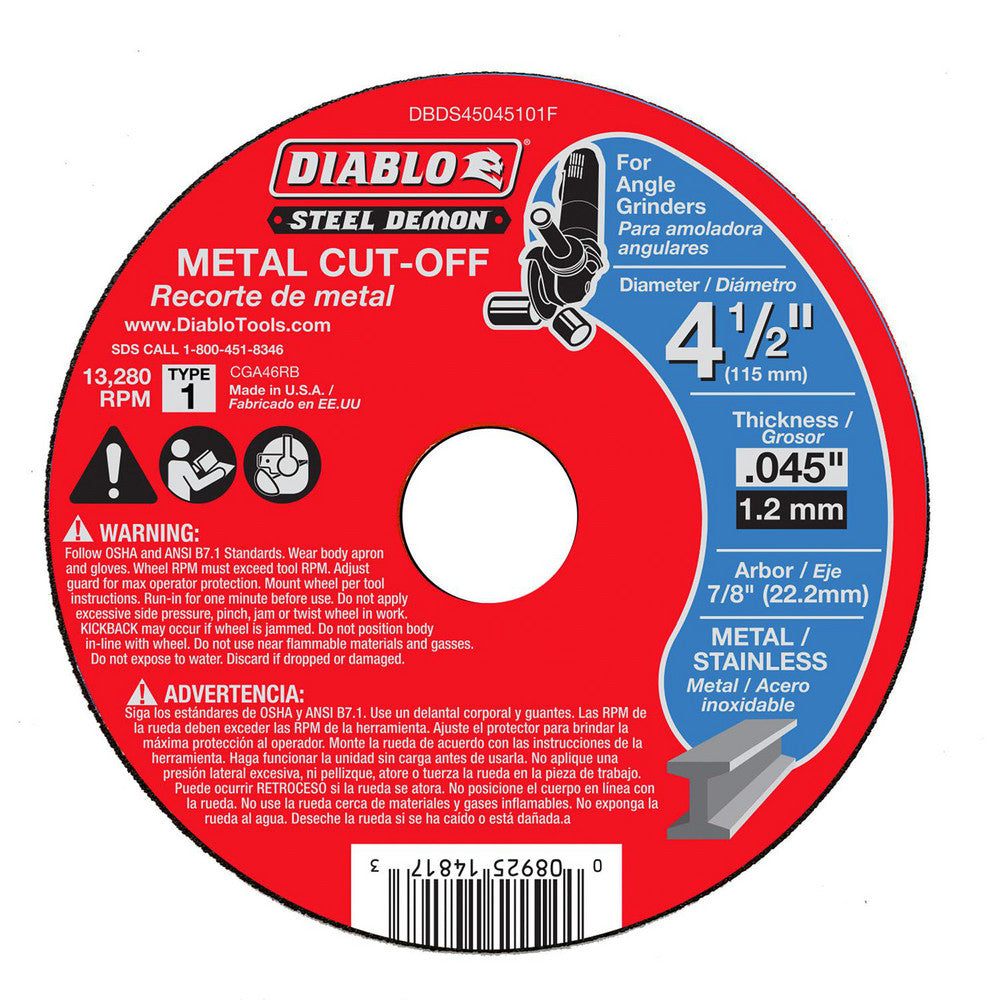 DIABLO DBDS45045101F Cutoff Wheel Type 1 (01/41), 4-1/2" Dia, 0.0450" Thick, 7/8" Hole, Ceramic