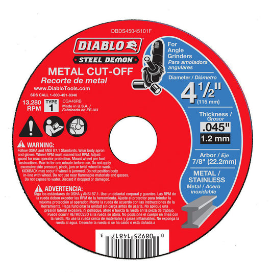 DIABLO DBDS45045101F Cutoff Wheel Type 1 (01/41), 4-1/2" Dia, 0.0450" Thick, 7/8" Hole, Ceramic
