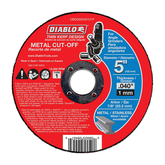 DIABLO DBD050040110F Cutoff Wheel Type 1 (01/41), 5" Dia, 0.0400" Thick, 7/8" Hole, Aluminum Oxide