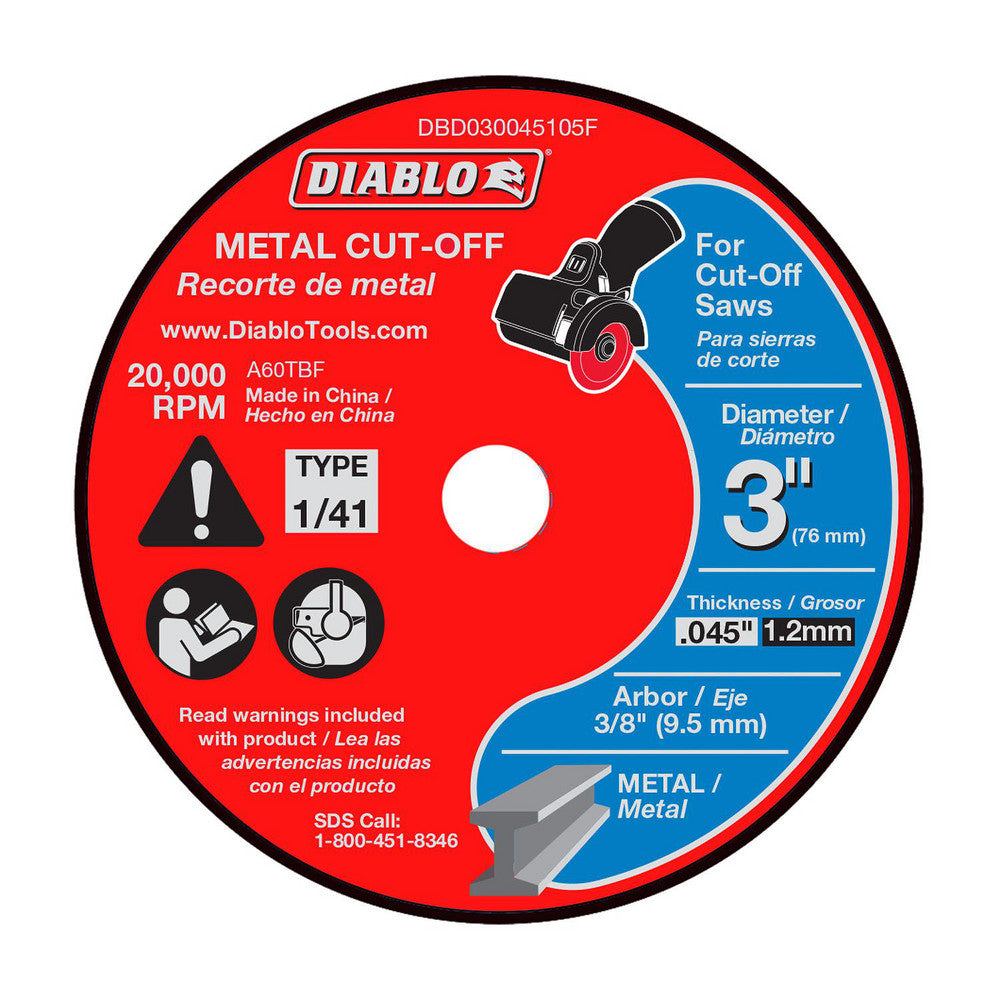 DIABLO DBD030045105F Cutoff Wheel Type 1 (01/41), 3" Dia, 0.0450" Thick, 3/8" Hole, Aluminum Oxide