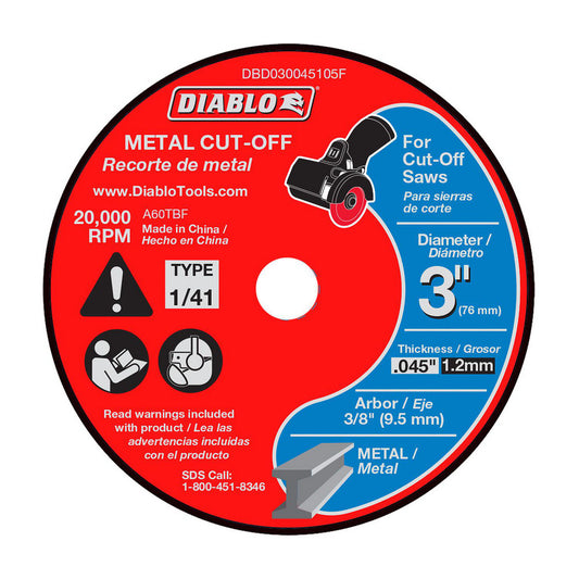 DIABLO DBD030045105F Cutoff Wheel Type 1 (01/41), 3" Dia, 0.0450" Thick, 3/8" Hole, Aluminum Oxide