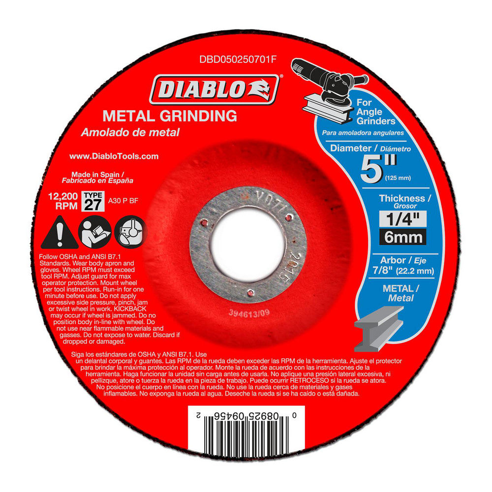 DIABLO DBD050250701F Depressed-Center Wheel Type 27, 5" Dia, 1/4" Thick, 7/8" Hole