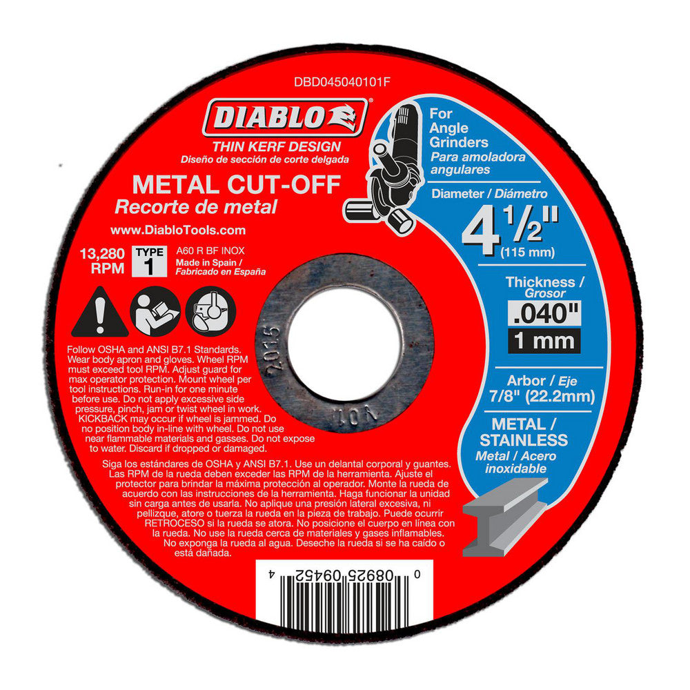 DIABLO DBD045040125F Cutoff Wheel Type 1 (01/41), 4-1/2" Dia, 0.0400" Thick, 7/8" Hole, Aluminum Oxide