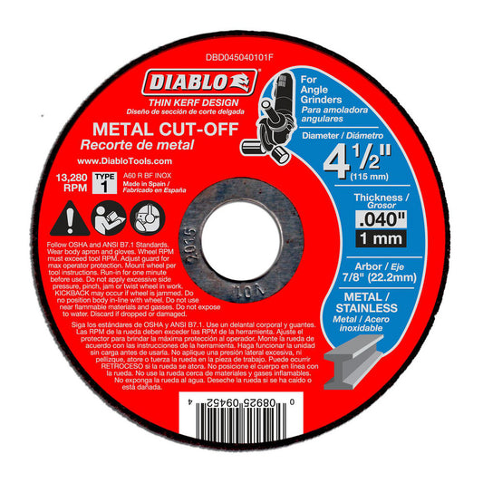 DIABLO DBD045040125F Cutoff Wheel Type 1 (01/41), 4-1/2" Dia, 0.0400" Thick, 7/8" Hole, Aluminum Oxide