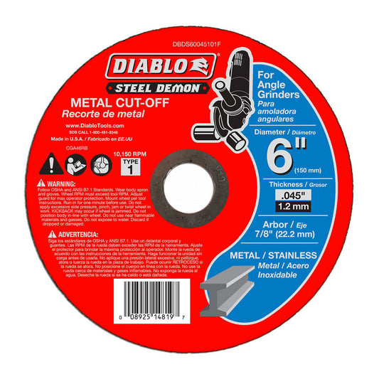 DIABLO DBDS60045101F Cutoff Wheel Type 1 (01/41), 6" Dia, 0.0450" Thick, 7/8" Hole, Ceramic