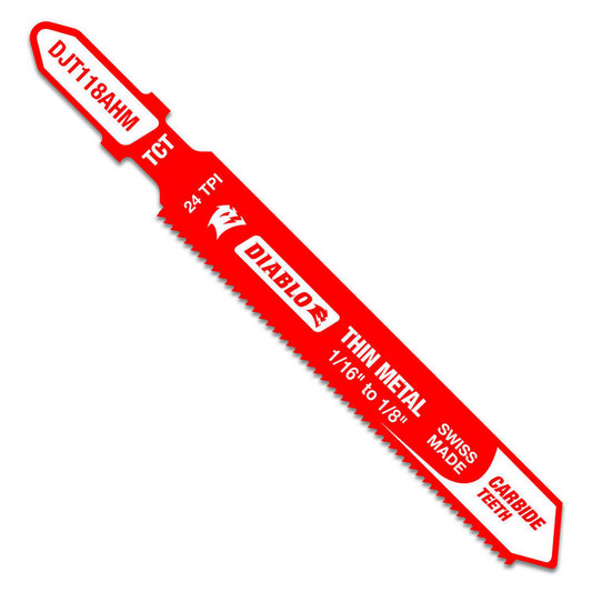 DIABLO DJT118AHM Jigsaw Blades Blade Material Carbide  Blade Length (Inch) 3-1/4  Blade Width (Decimal Inch) 6.6900  Blade Thickness (Decimal Inch) 0.0400  Shank Type T-Shank  Cutting Edge Style Grit