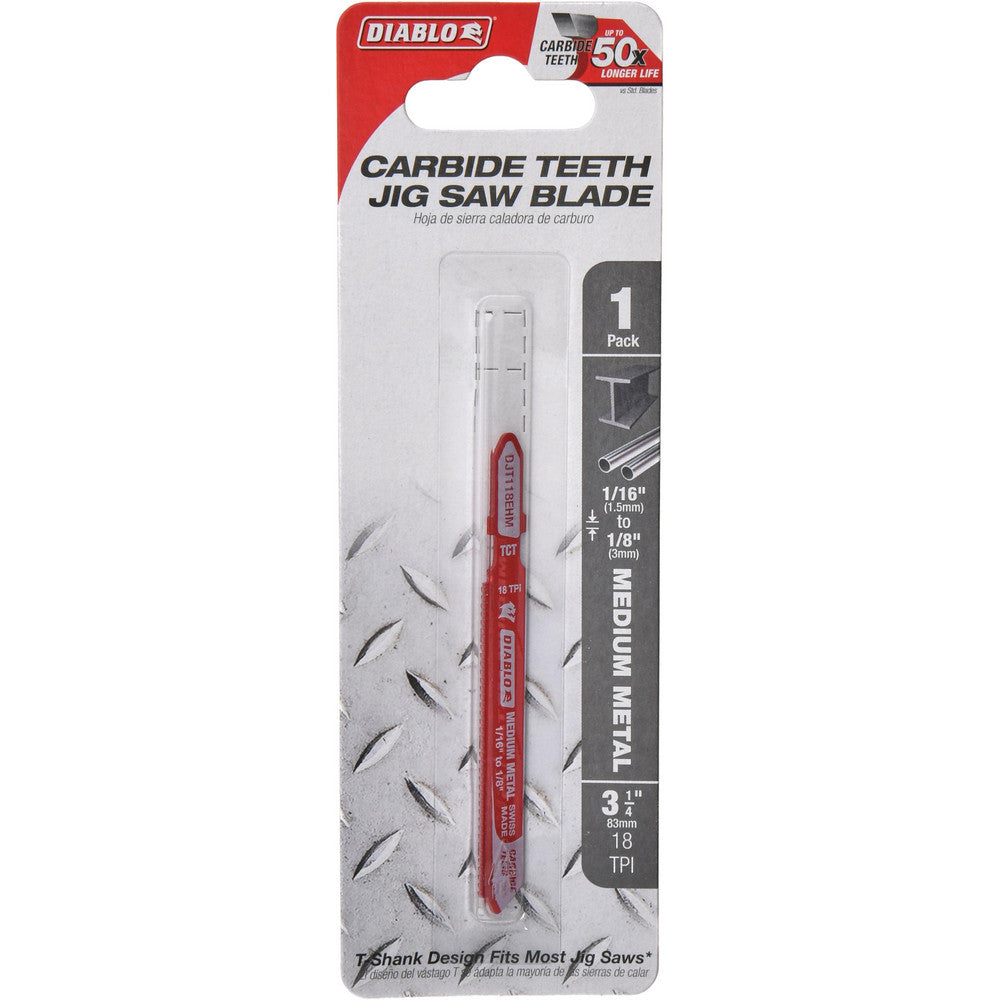 DIABLO DJT118EHM Jigsaw Blades Blade Material Carbide  Blade Length (Inch) 3-1/4  Blade Width (Decimal Inch) 6.6900  Blade Thickness (Decimal Inch) 0.0400  Shank Type T-Shank  Cutting Edge Style Toothed
