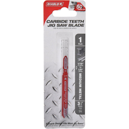 DIABLO DJT118EHM Jigsaw Blades Blade Material Carbide  Blade Length (Inch) 3-1/4  Blade Width (Decimal Inch) 6.6900  Blade Thickness (Decimal Inch) 0.0400  Shank Type T-Shank  Cutting Edge Style Toothed
