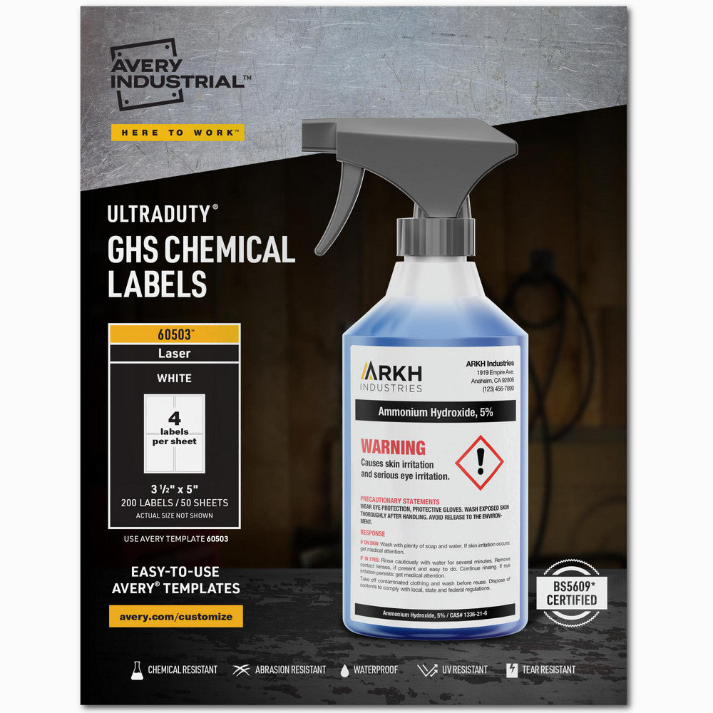 AVERY 60503 UltraDuty GHS Chemical Waterproof and UC Resistant Labels White, Synthetic Film, 5" OAL, 4 Labels per Sheet, 50 Sheets per Box
