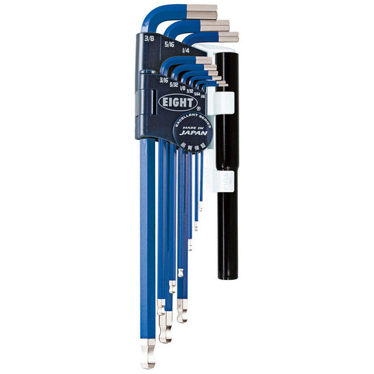 Eight Tool TEL-S9NPBL Hex Key Sets Ball End Yes  Handle Type Color Coded L-Handle  Measurement Type Inch  Hex Size 1/16 in, 5/64 in, 3/32 in, 1/8 in, 5/32 in, 3/16 in, 1/4 in, 5/16 in, 3/8 in  Material Steel  Overall Length (mm) 235.0000