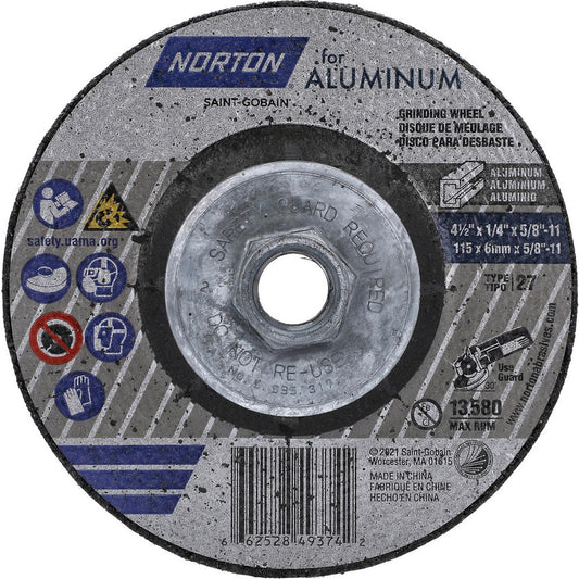 Norton 66252849374 Depressed-Center Wheels Wheel Diameter (Inch) 4-1/2  Wheel Thickness (Inch) 1/4  Hole Size 5/8 (Inch) Wheel Type Type 27  Abrasive Material Aluminum Oxide  Grit 20