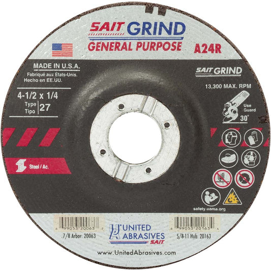 Sait 20060 Depressed-Center Wheel Type 27, 4-1/2" Dia, 1/4" Thick, 7/8" Hole, Aluminum Oxide