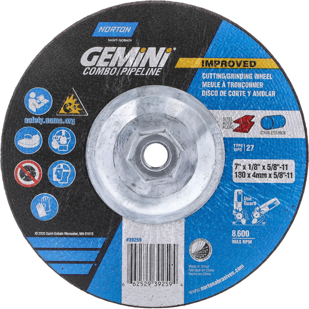 Norton 66252939259 Depressed Center Wheel Type 27, 7" Dia, Aluminum Oxide